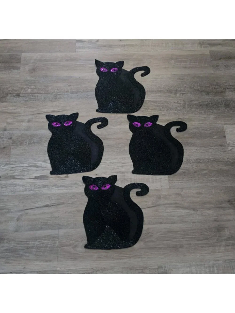 4 Halloween Beaded Black Cat Purple Eyes Placemat Charger 14” X 14” NEW